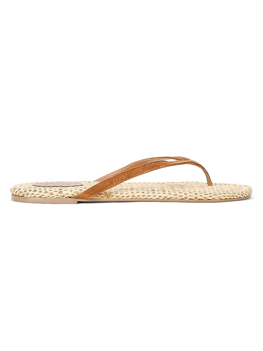 Women's Freja Suede-Raffia Flat Sandals - Tabac Natural - Size 6