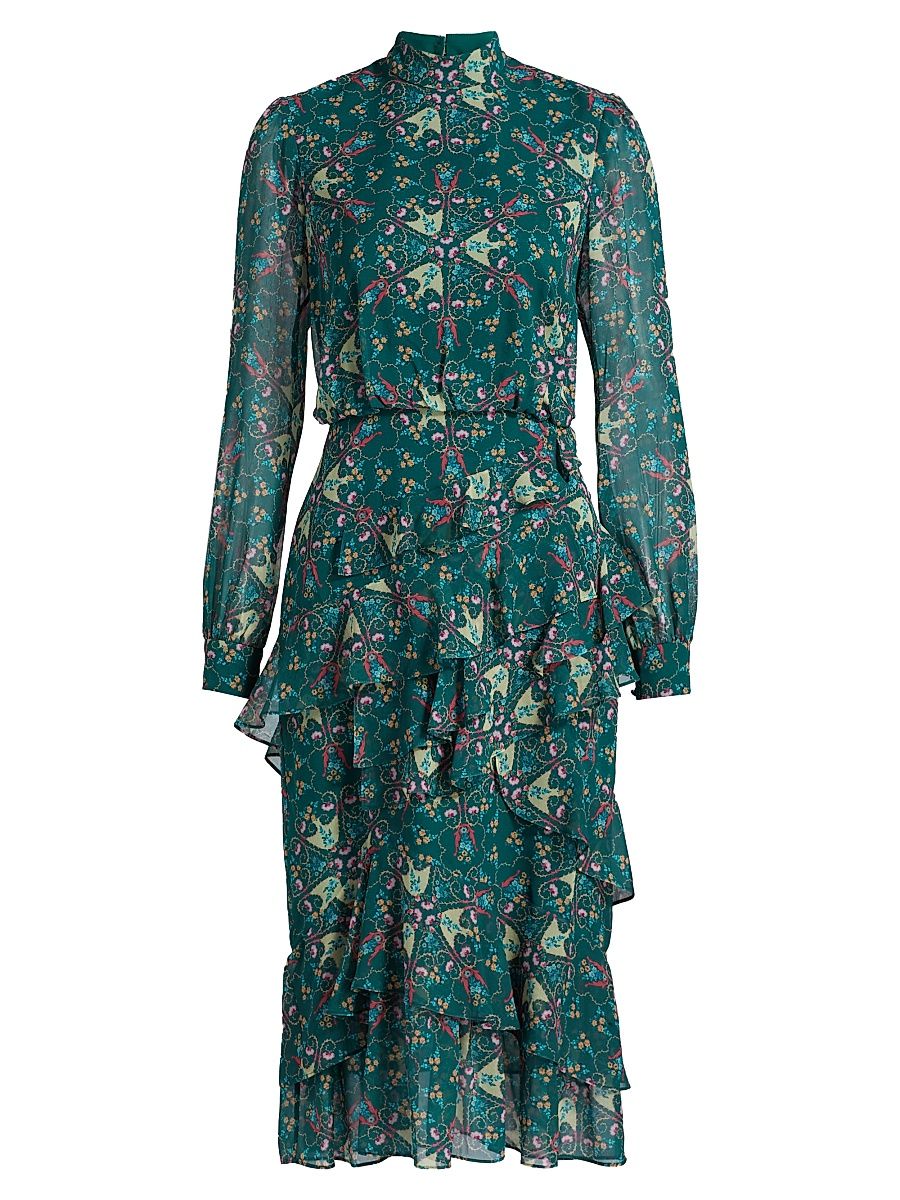 Women's Isa Printed Ruffled Silk Midi-Dress - Opaline Vert - Size 10