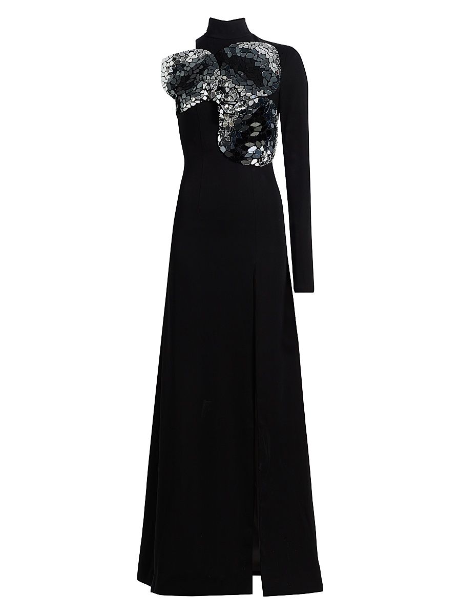 Women's Embroidered Ombré Crystal One-Sleeve Gown - Black - Size 4