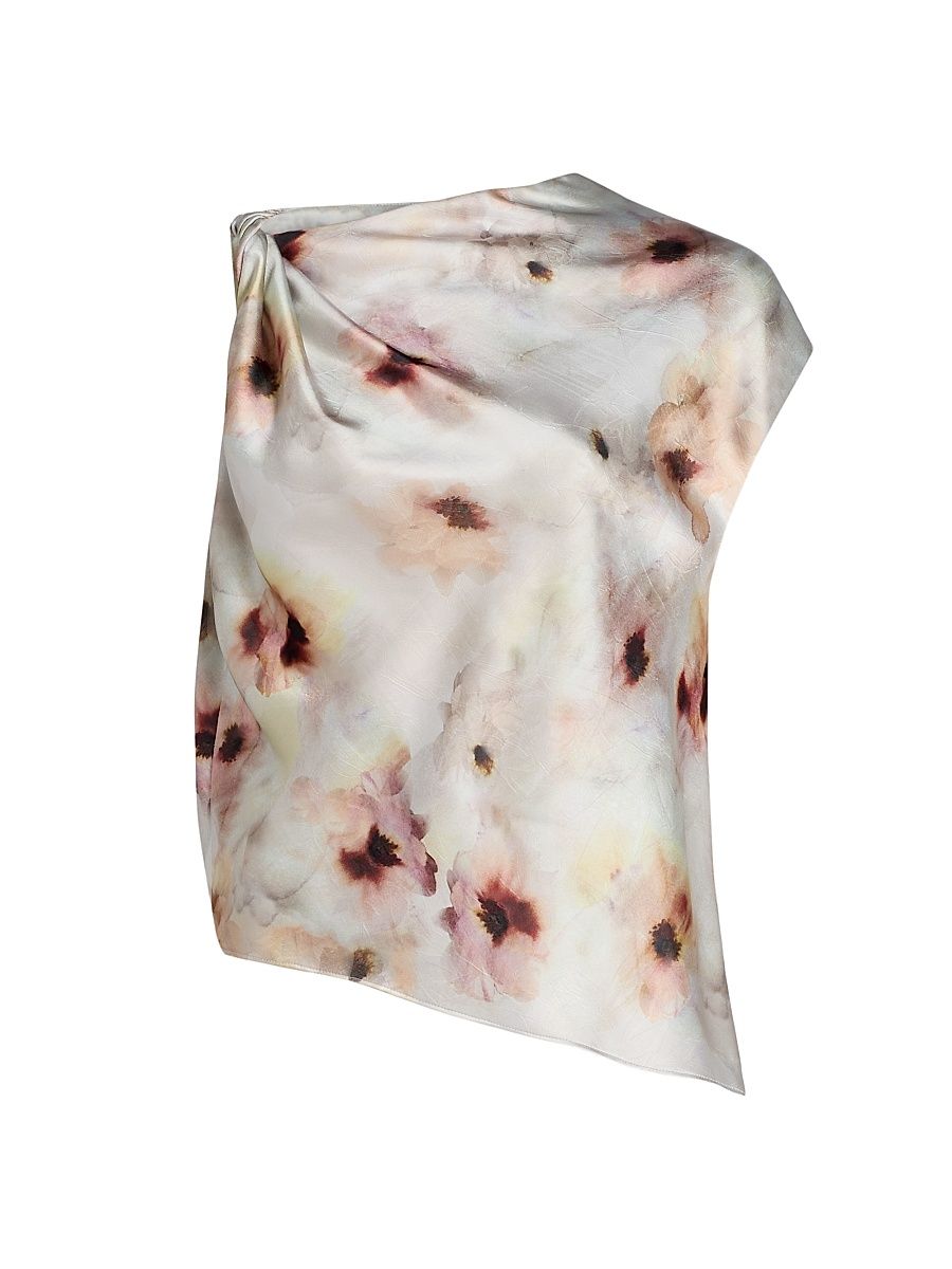Women's Watercolor Floral Satin Twisted Asymmetric Top - Soft Peony - Size Large