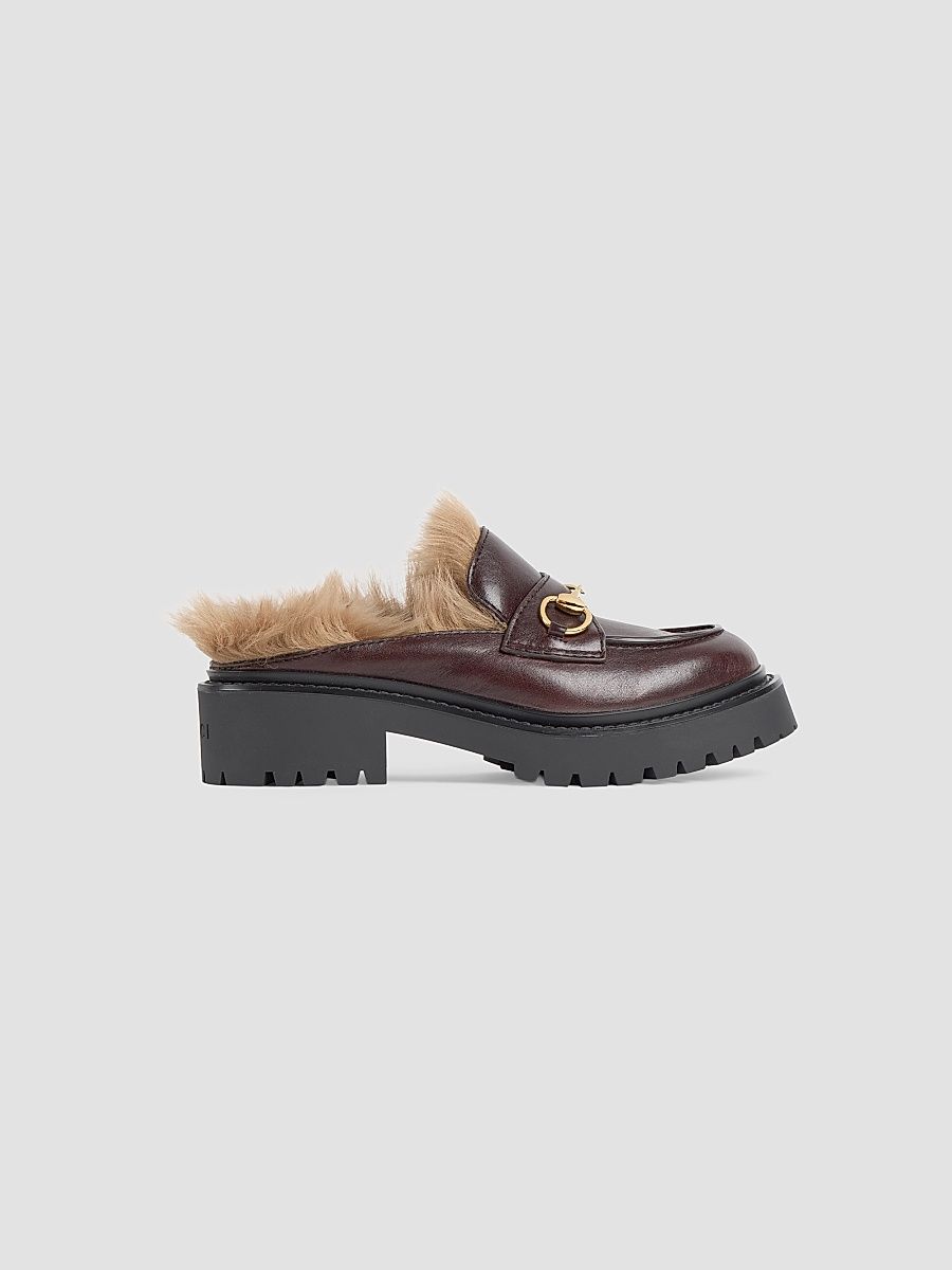 Gucci Women's Rhodi Leather & Shearling Horsebit Mules - Deep Maroon - Size 12