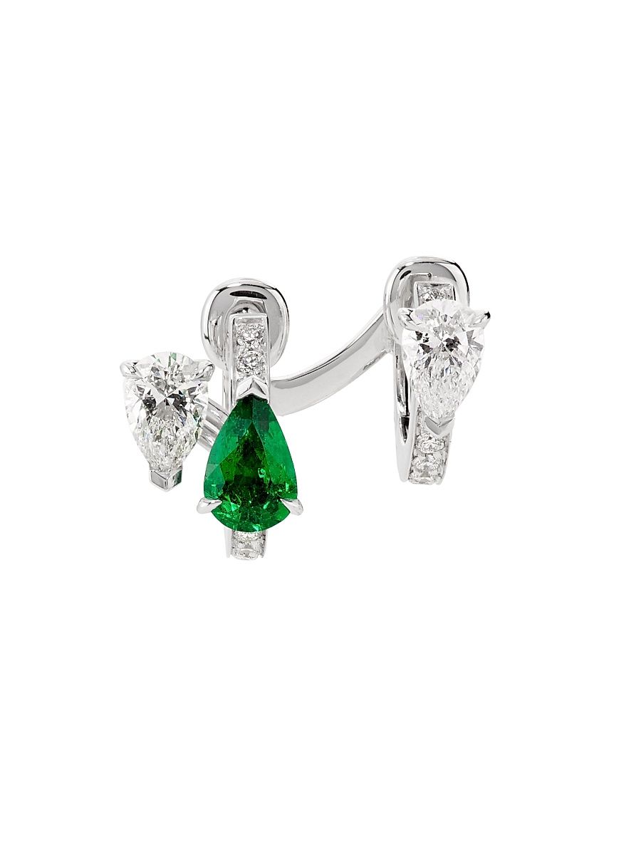 Women's Serti Sur Vide 18K White Gold, 0.52 TCW Diamond & Emerald Single Huggie Hoop Earring - Left Or Right - White Gold - Size Left