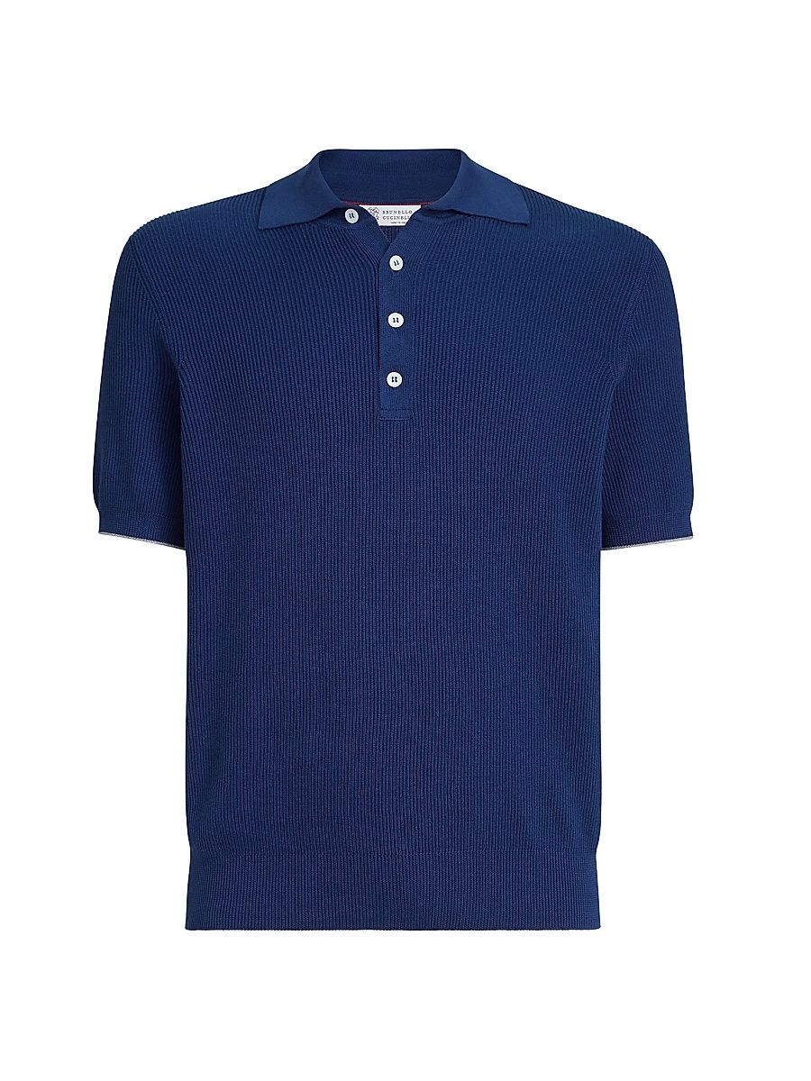 Men's Cotton Half English Rib Knit Polo Shirt - Avio Blue - Size 36
