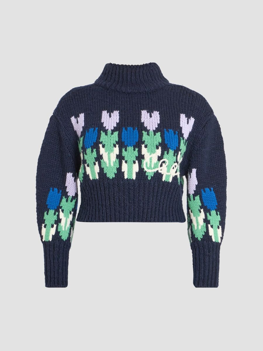 Women's Floral Intarsia-Knit Wool Sweater - Dark Navy - Size XS