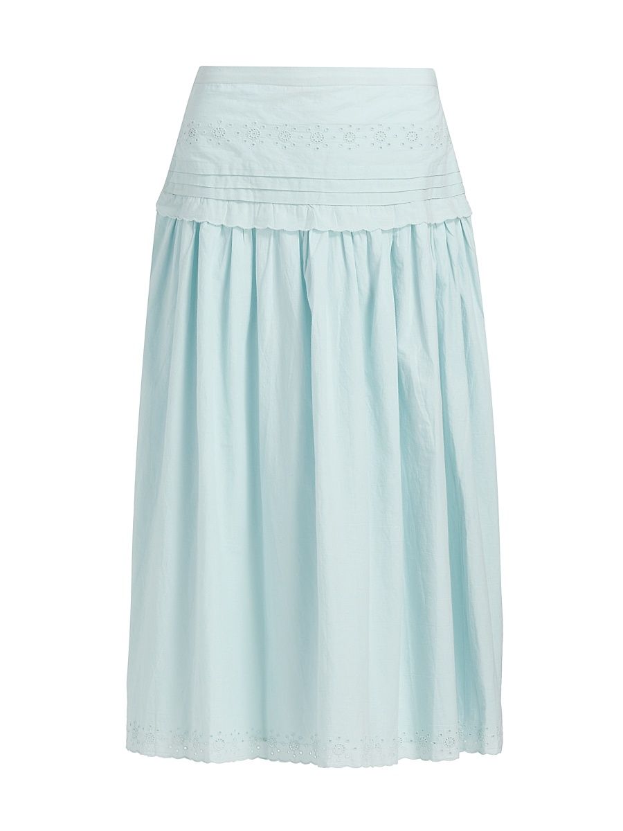 Women's Irati Eyelet Pleated Cotton Midi-Skirt - Baby Blue - Size 12