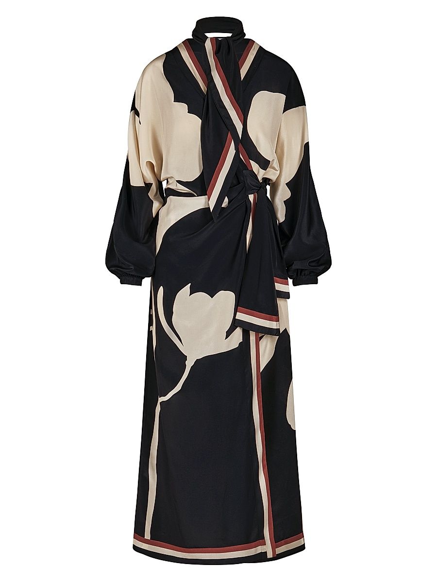 Women's Candelaria Ollantay Printed Silk Wrap Maxi Dress - Black Ecru - Size 0