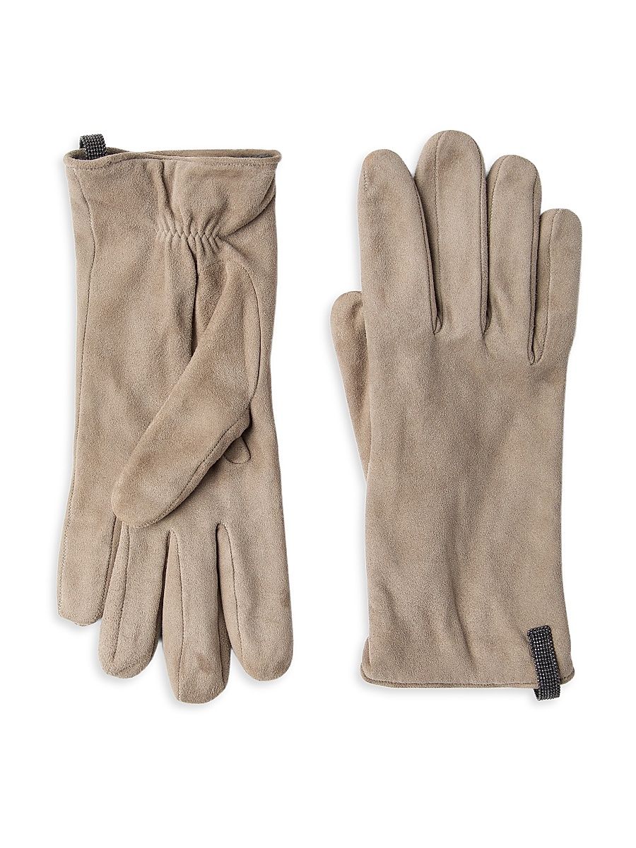 Women's Suede Gloves with Monili - Beige - Size Small