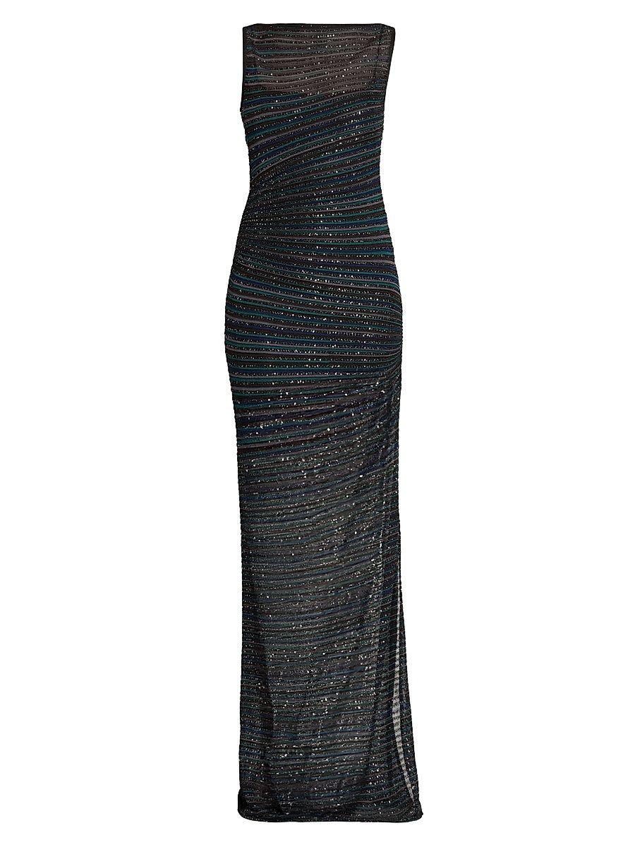 Women's Metallic Striped Knit Gown - Multicolor Black Green Blue - Size 10