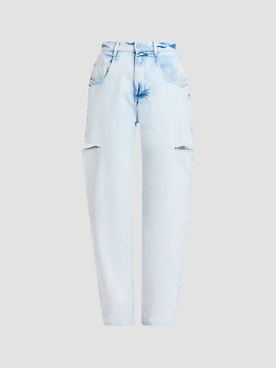 Women's Distressed Barrel Jeans - Bleach Indigo Blue - Size 31