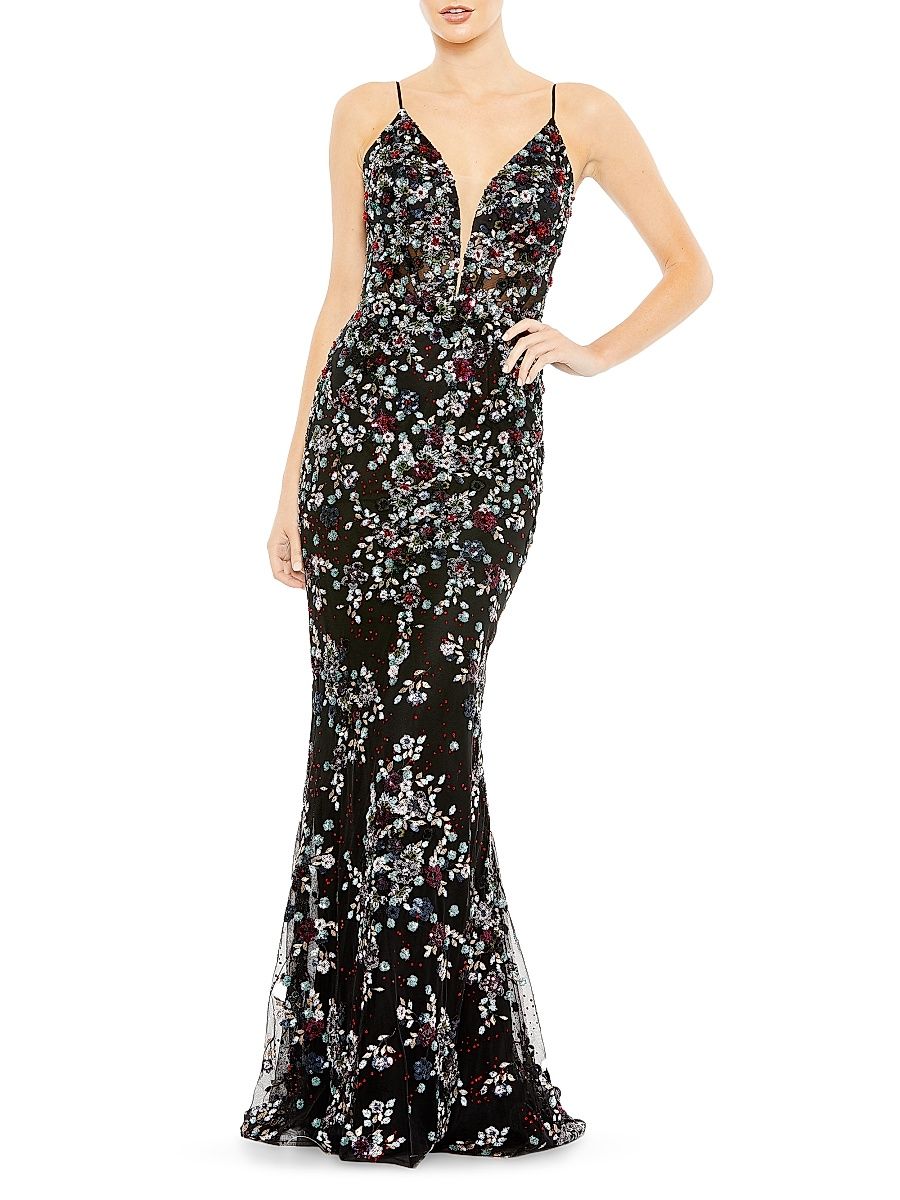 Women's Floral Embellished Mermaid Gown - Black - Size 8
