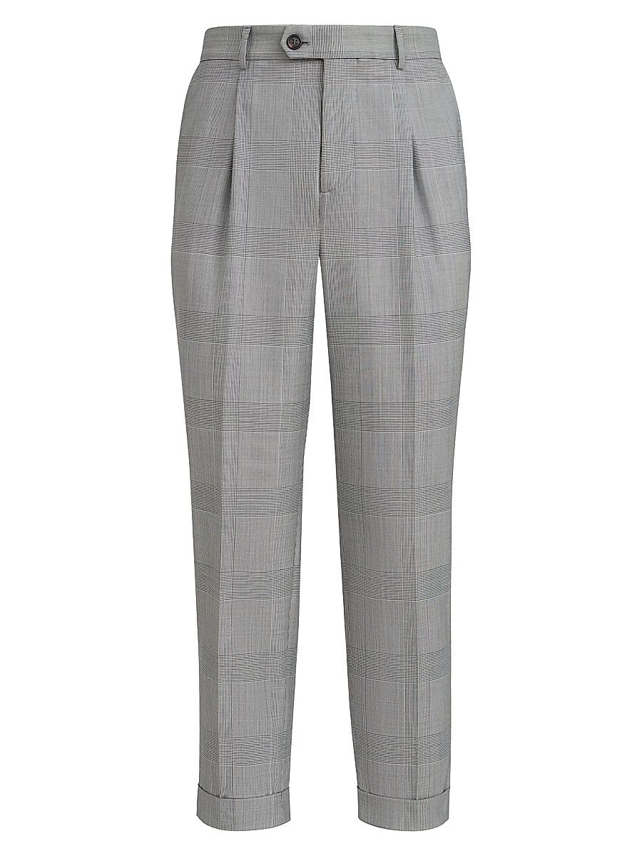 Men's Virgin Wool Prince of Wales Trousers with Pleats - Grey - Size 48