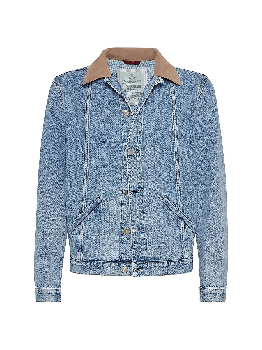 Men's Denim Outerwear Jacket with Suede Collar - Light Blue Denim - Size 50