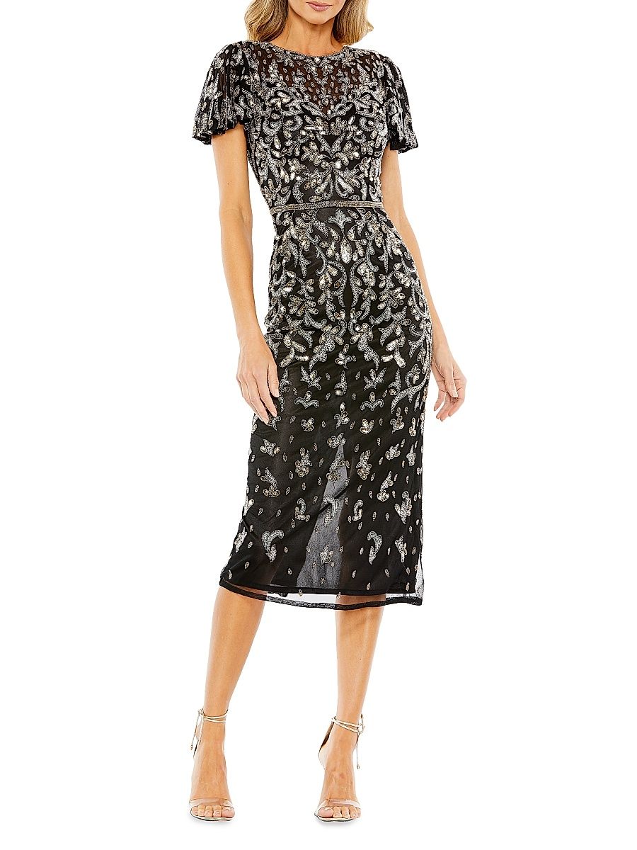 Women's Embellished Midi-Dress - Black Multi - Size 16