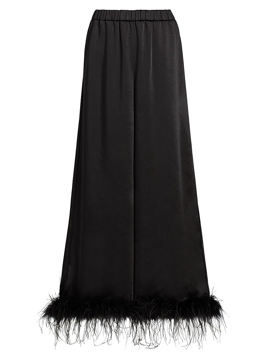 Women's Auggie Feather-Cuff Textured Satin Pants - Jet - Size 14
