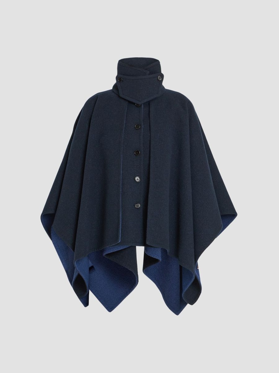 Women's Stretch-Virgin Wool Cape Coat - Evening Blue - Size XS