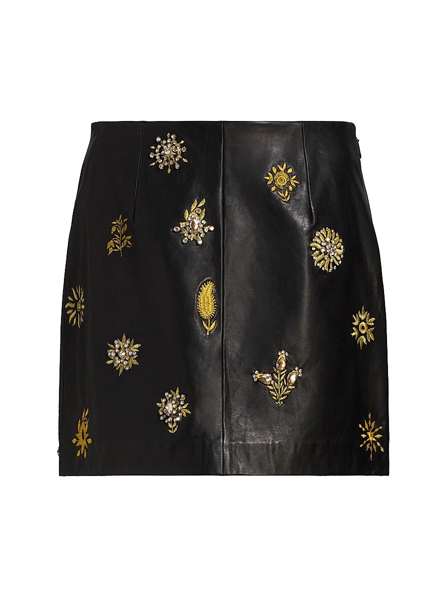 Women's Leila Crystal-Embellished Embroidered Leather Miniskirt - Black - Size 10