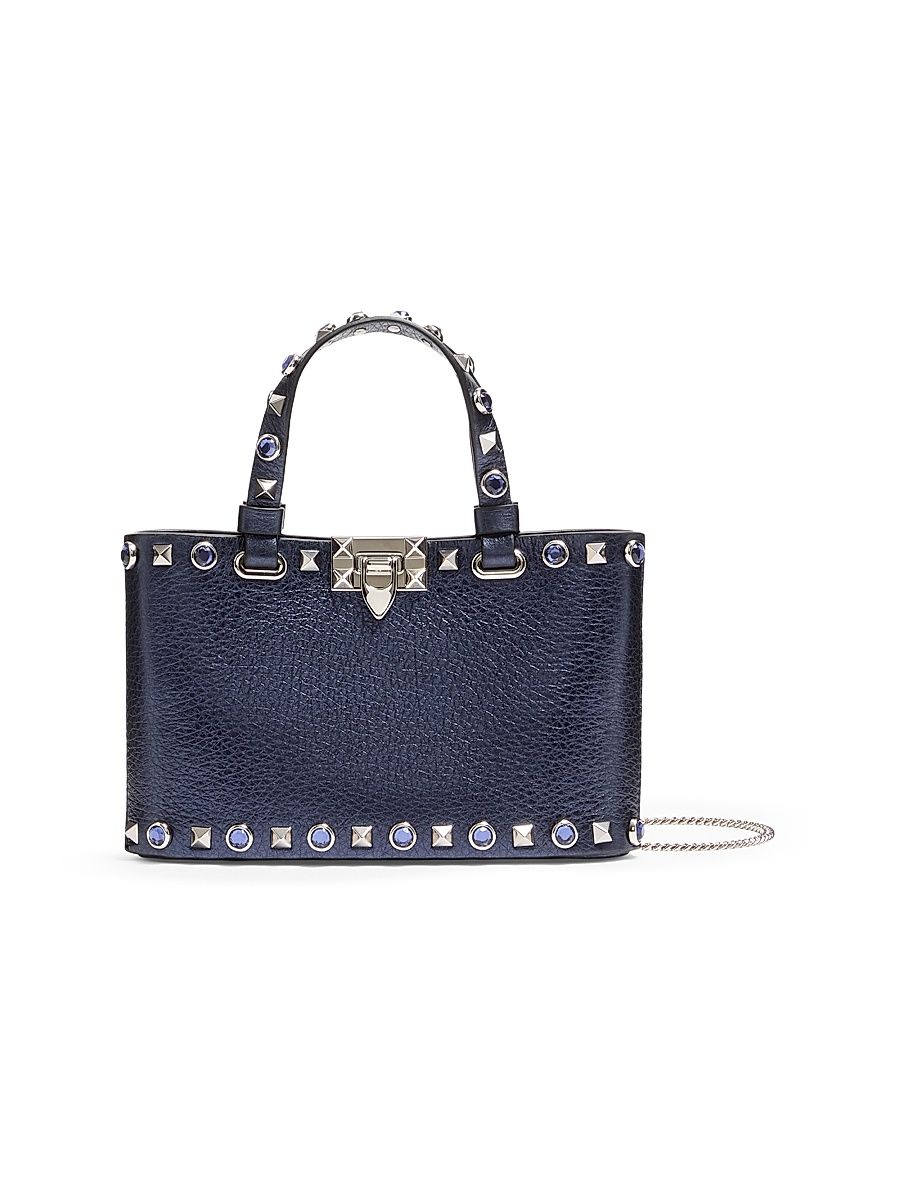Women's Rockstud Mini Shopping Bag in Laminated Calfskin - Navy