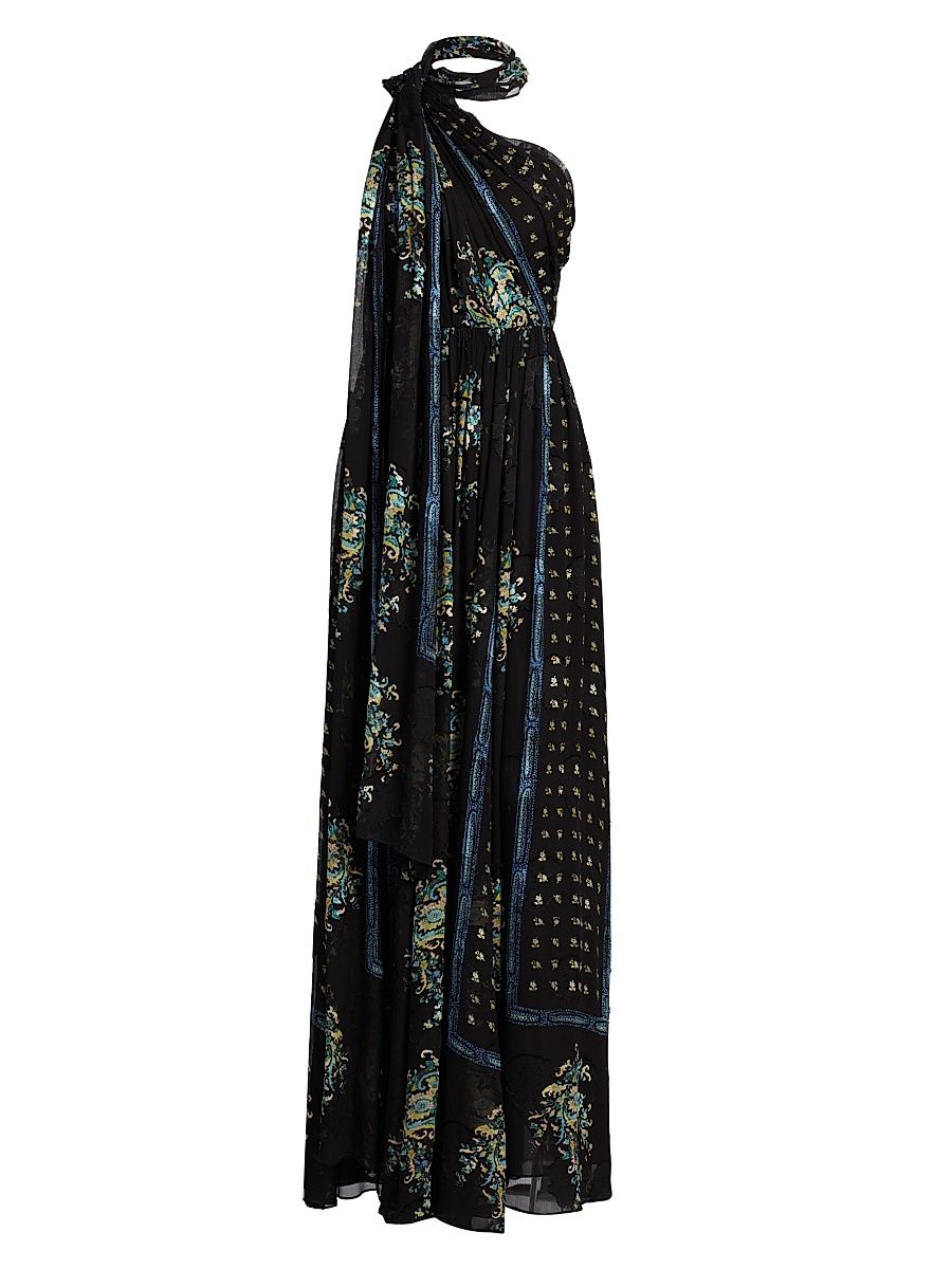 Women's Angelique Printed Silk One-Shoulder Scarf Gown - Twilight - Size 8