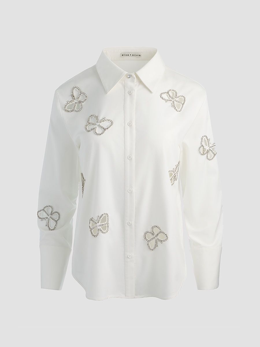 Women's Finely Embellished Button-Front Shirt - Off White Silver Crystal - Size XS