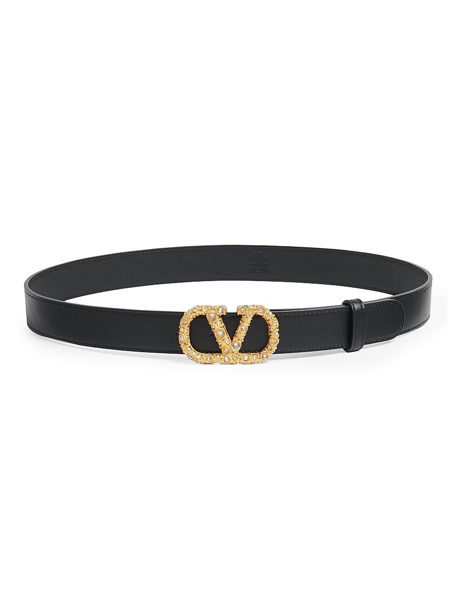 Women's VLogo Signature Belt in Shiny Calfskin with Crystals 30MM - Black Crystal - Size XS
