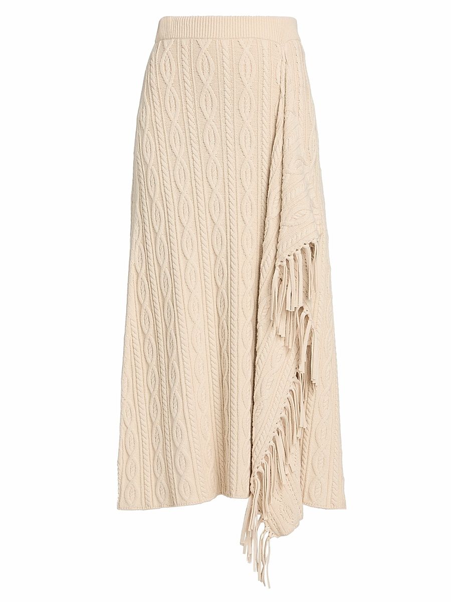 Women's Kara Fringed Cotton-Blend Cable-Knit Midi-Skirt - Sand - Size Large