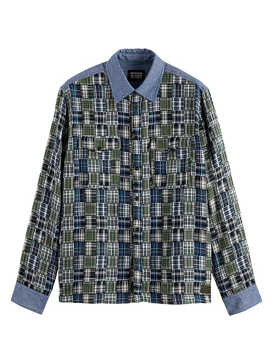 Men's Patchwork Flannel Relaxed-Fit Button-Front Shirt - Thyme Patch - Size XXL