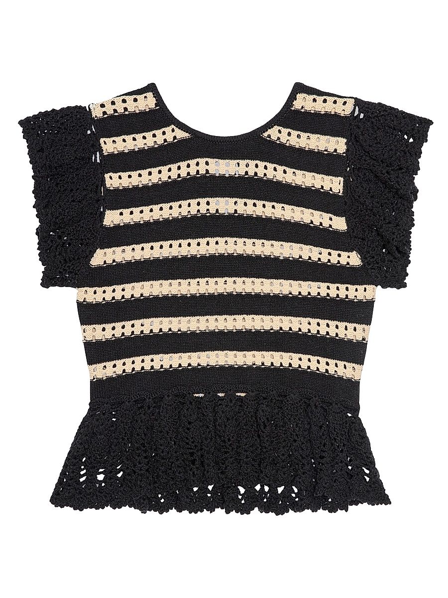 Women's Coen Stripe Flutter-Sleeve Top - Black Oat Stripe - Size XL