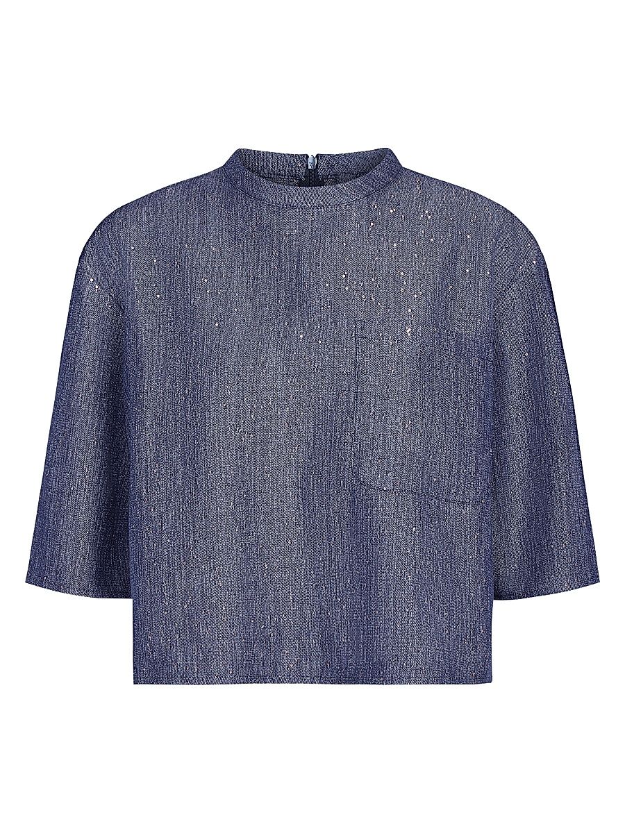 Women's Ex T Sequined Short-Sleeve Top - Medium Indigo Gold - Size Medium