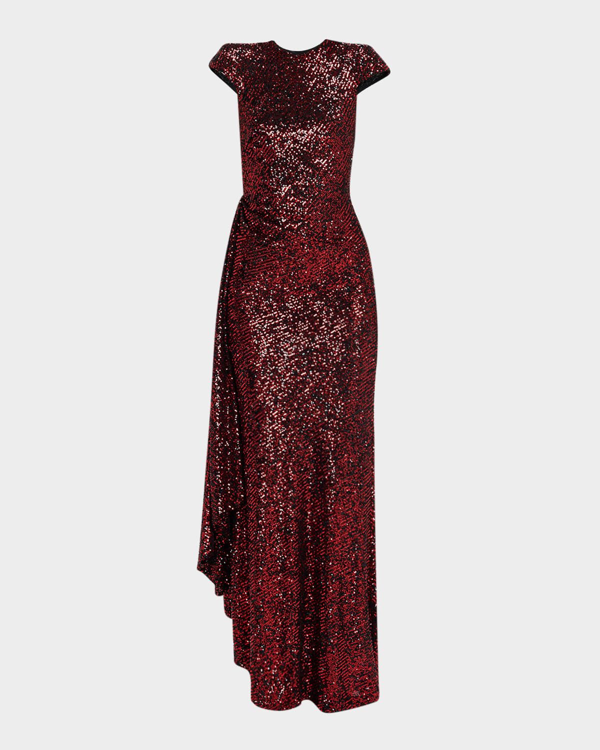 Sequined Draped Cap-Sleeve Gown