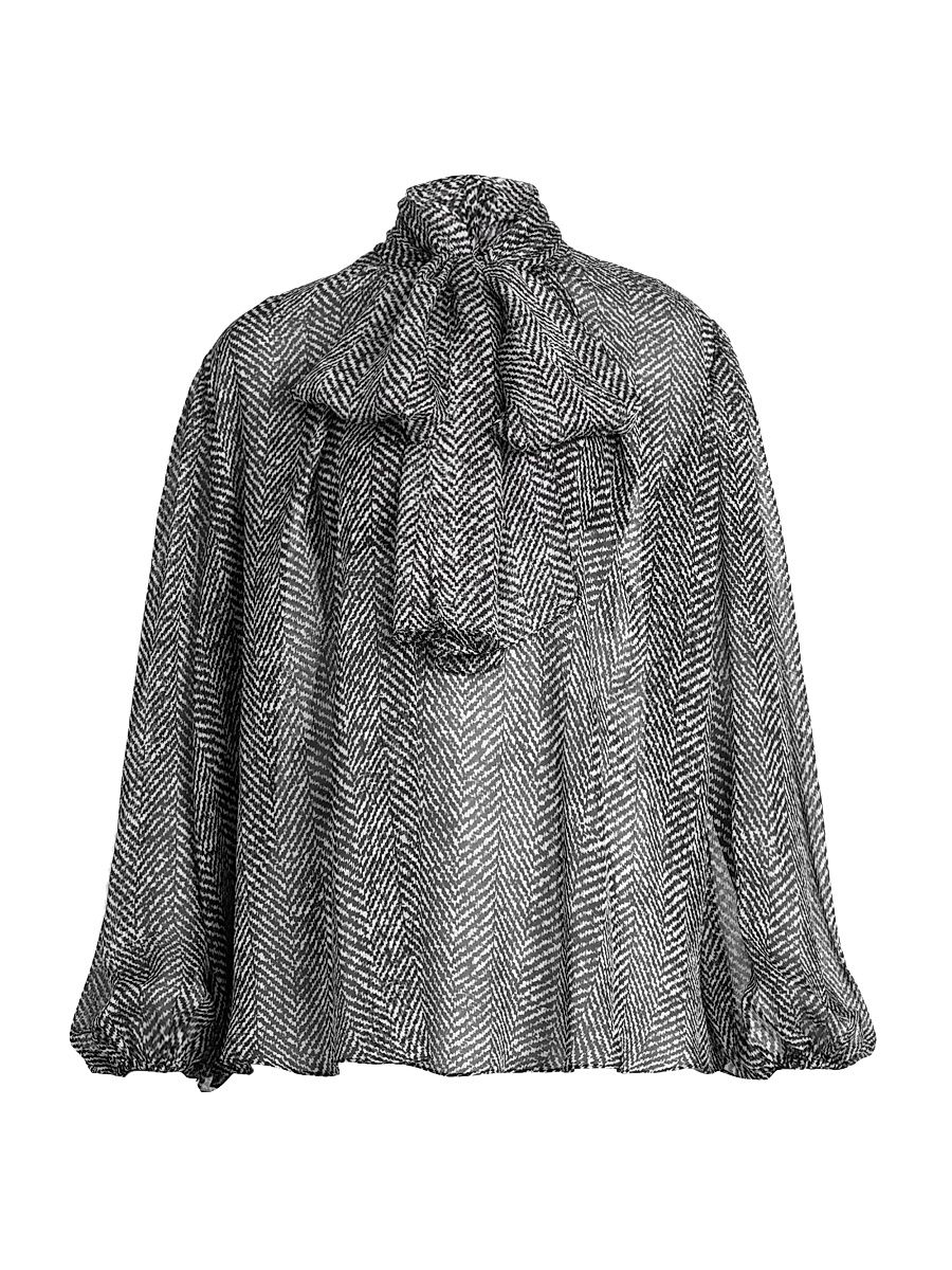 Women's Italian Tailoring Herringbone Silk Tie-Neck Blouse - Chevron Bco Nero - Size 14