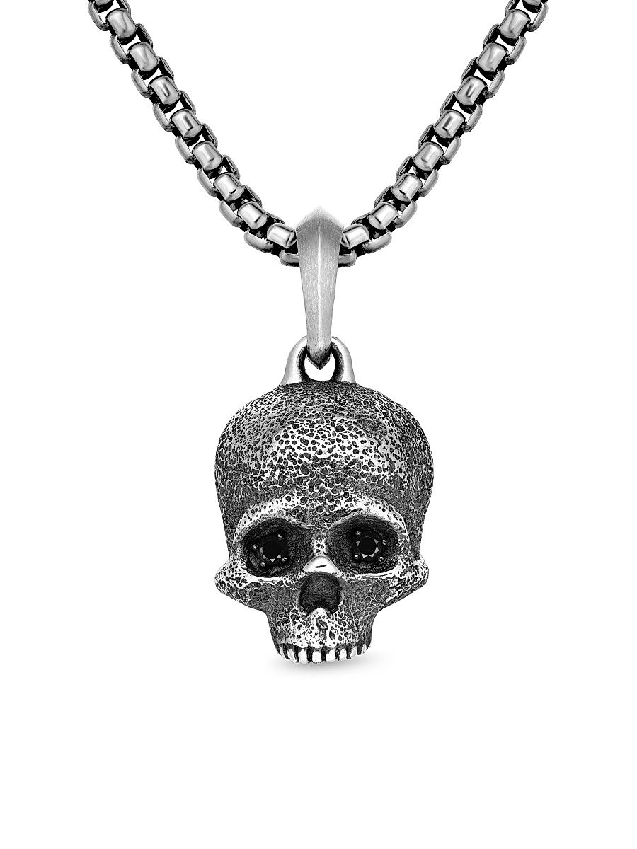 Men's Memento Mori Skull Amulet in Sterling Silver - Black Diamond