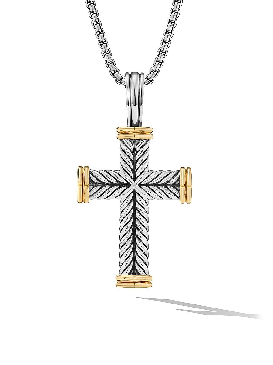 Men's Chevron Cross Pendant in Sterling Silver with 18K Yellow Gold, 33MM - Silver