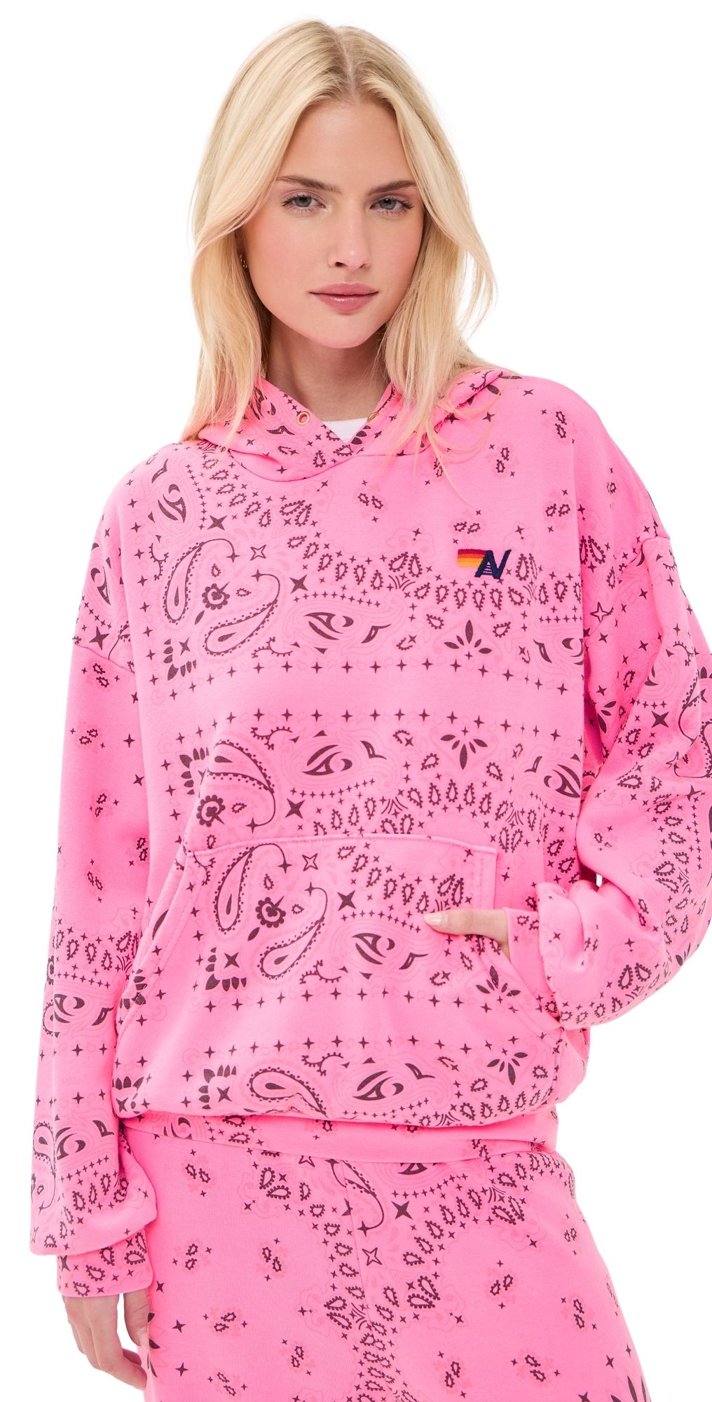 Aviator Nation Relaxed Bandana Pullover Hoodie Neon Pink S