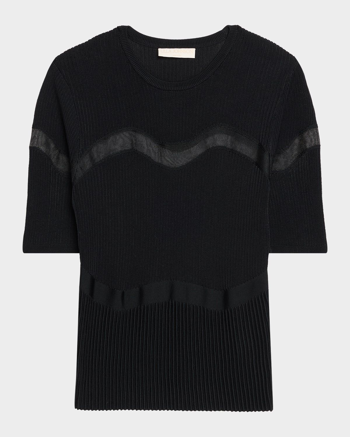 Ayla Wavy-Inset Short-Sleeve Rib Top