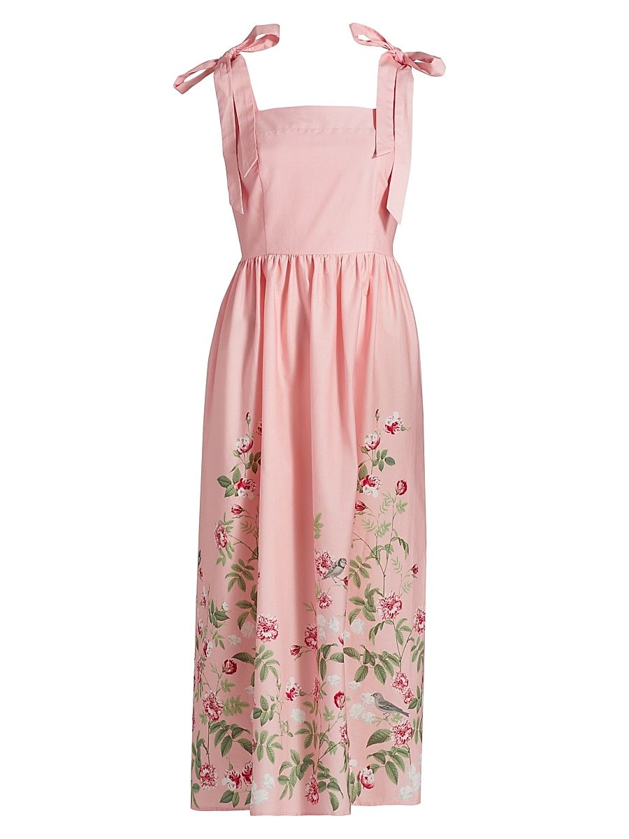 Women's Floral Stretch Cotton Midi-Dress - Powder Pink - Size Medium