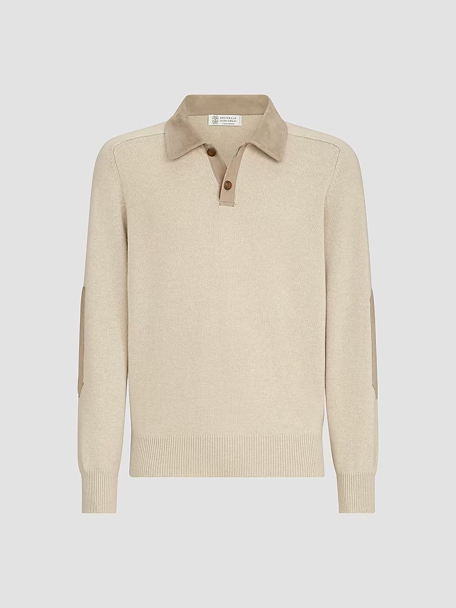 Men's Cashmere Knit Polo with Suede Collar - Sand - Size 38
