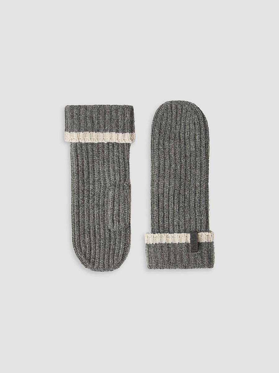 Women's Cashmere English Rib Knit Mittens with Monili - Lead - Size Large