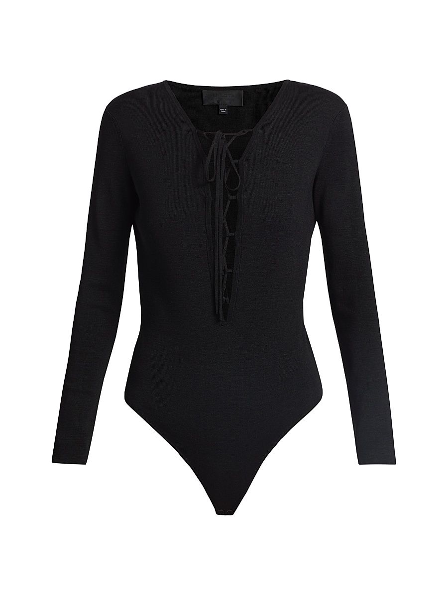Women's Adalynn Silk Lace-Up Bodysuit - Black - Size Large