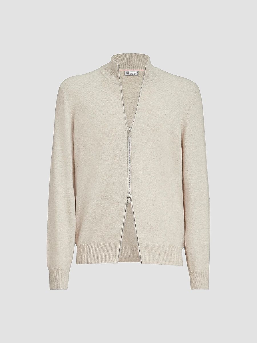 Brunello Cucinelli Men's Cashmere Turtleneck Cardigan with Zipper - Beige - Size 42