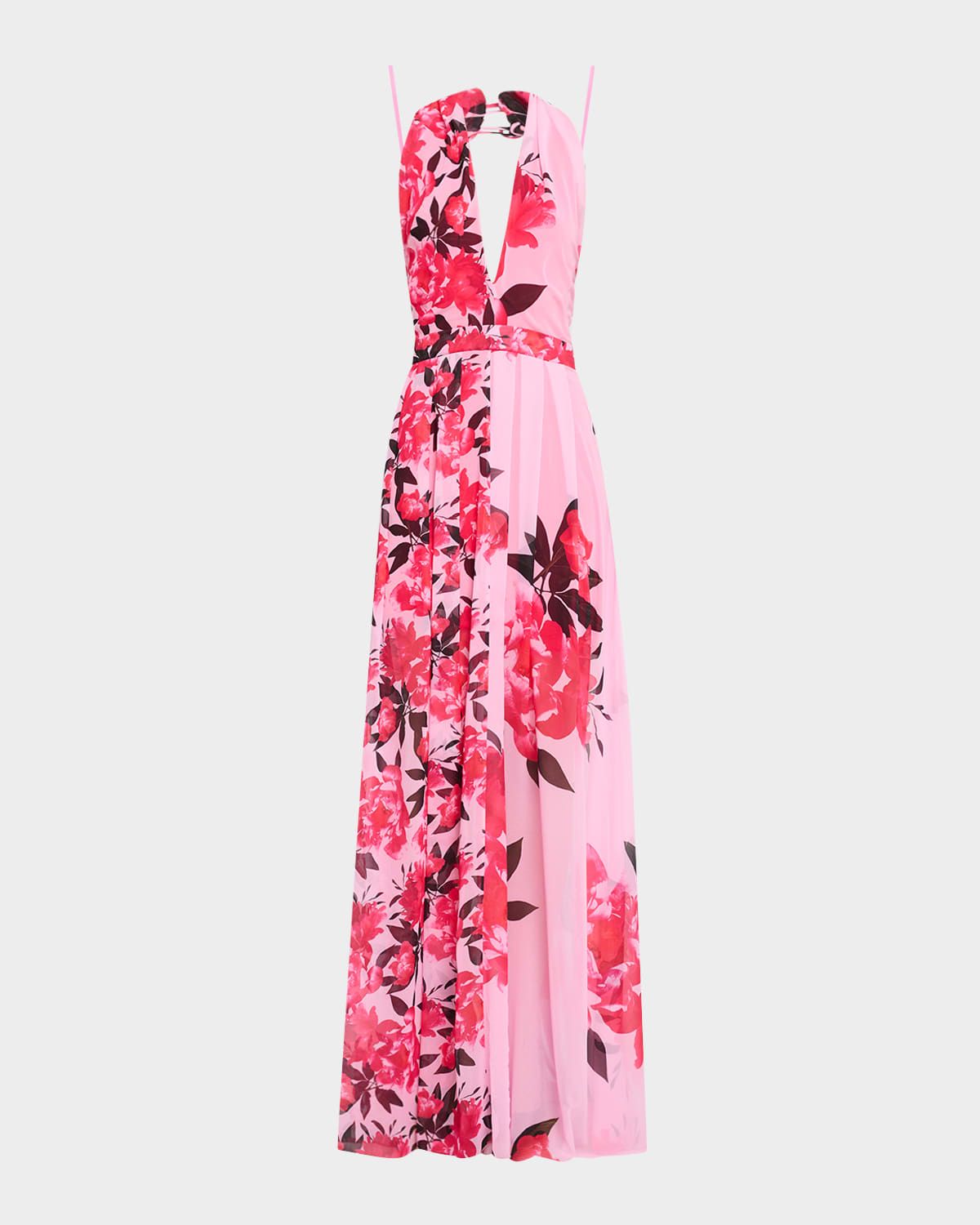 Pleated Floral-Print Chiffon Halter Gown