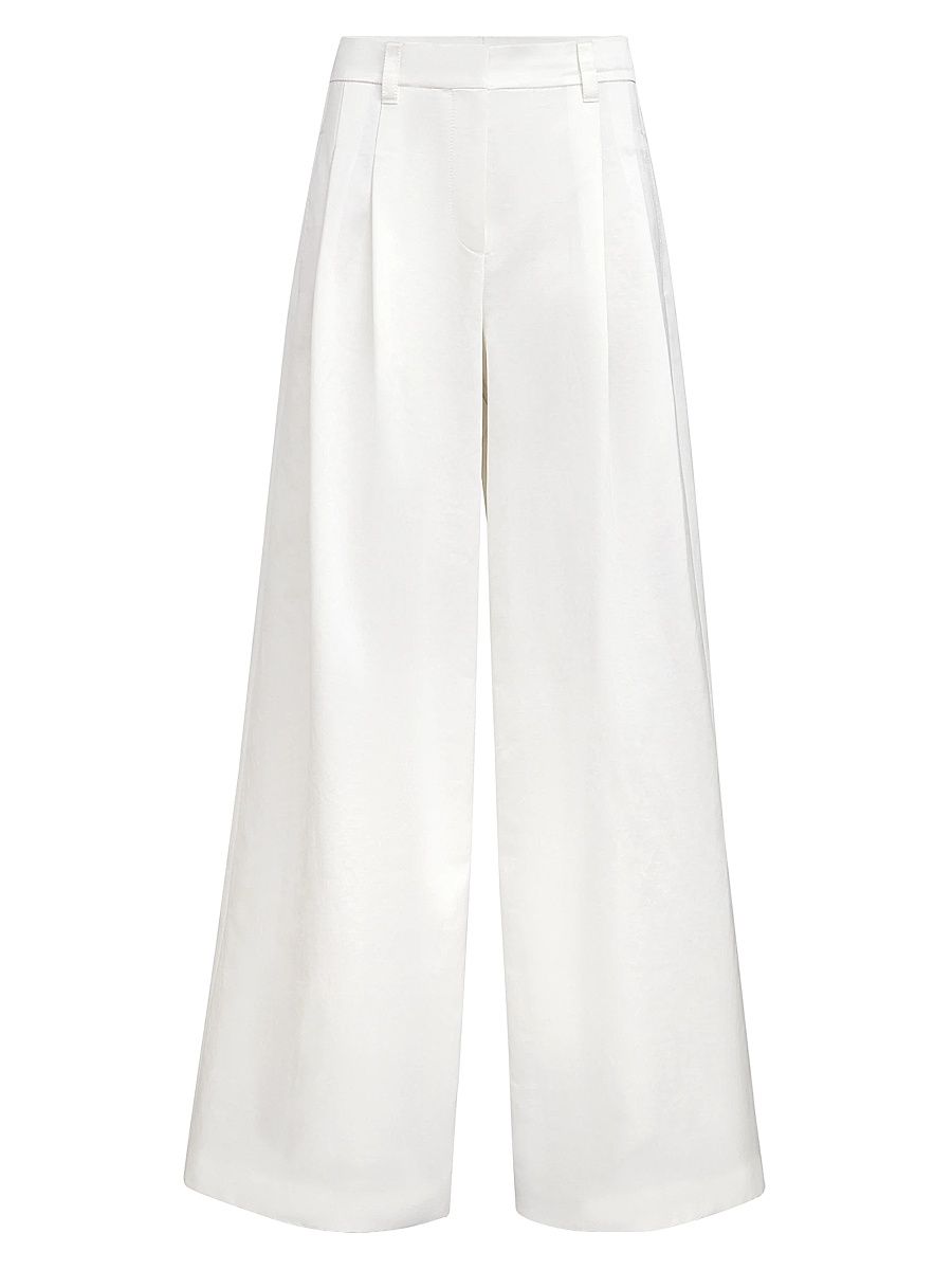 Women's Cotton and Silk Satin Loose Pleated Trousers with Monili - White - Size 12