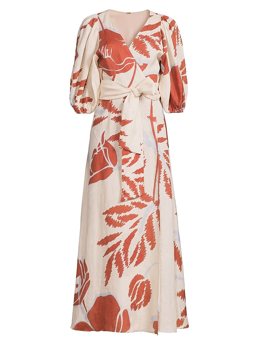 Women's Ermita Linen Wrap Midi-Dress - Ecru Orange Gladiolos - Size Small