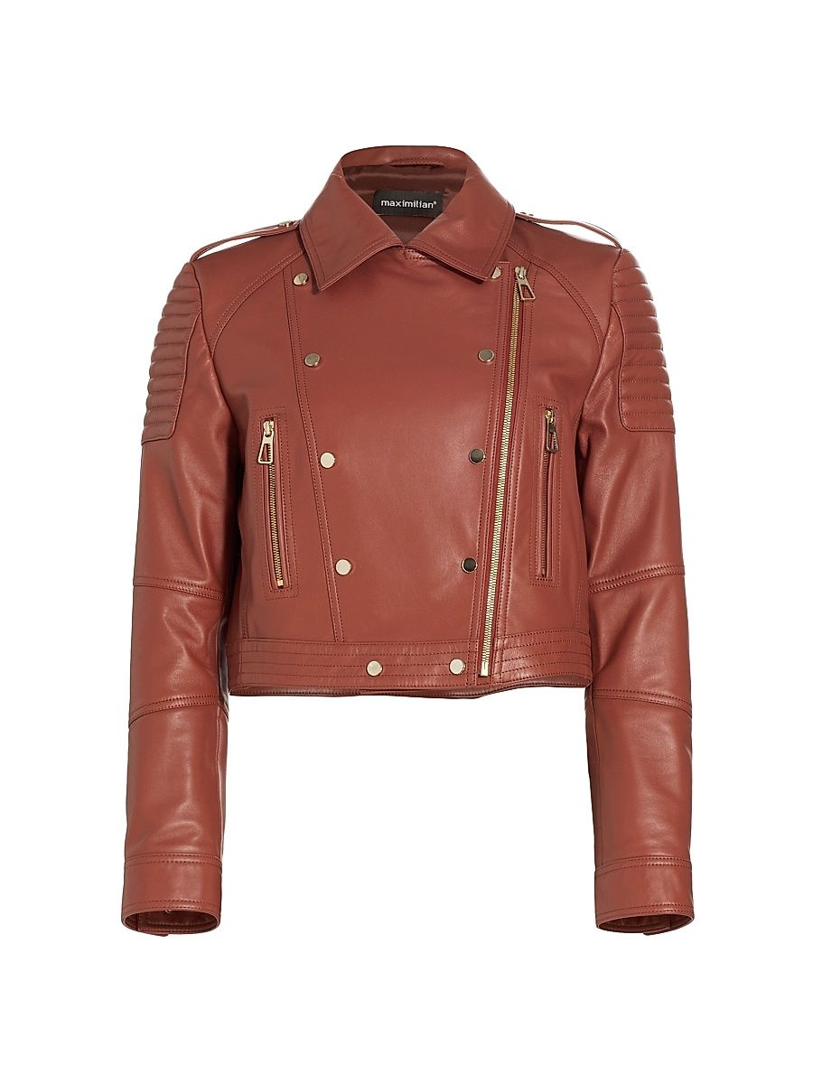 Women's Cropped Leather Biker Jacket - Terracotta - Size XS
