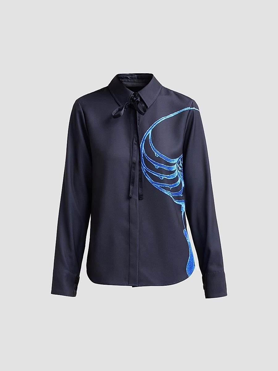 Jason Wu Collection Women's Printed Crepe Satin Tieneck Button-Front Shirt - Black Cobalt - Size 10