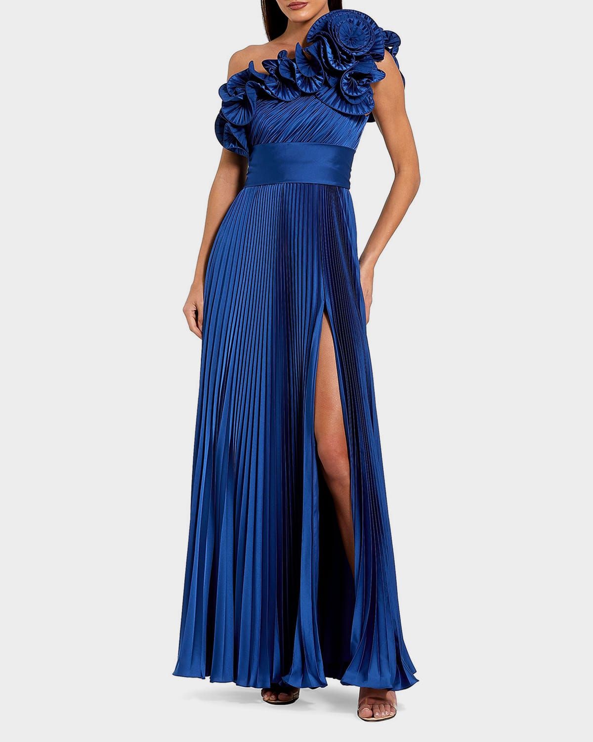 One-Shoulder Pleated Charmeuse Ruffle Gown
