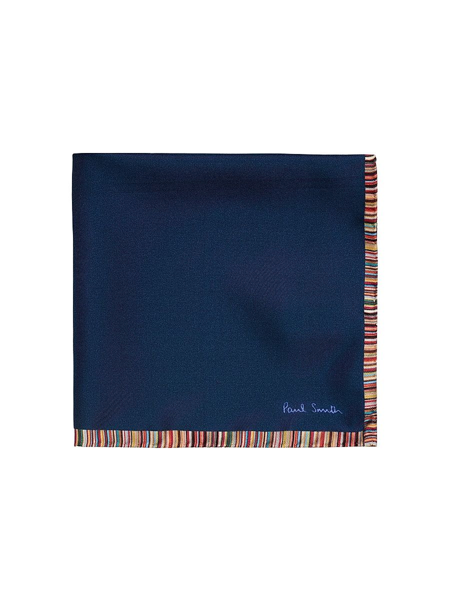 Men's Signature Stripe-Trim Silk Pocket Square - Blue