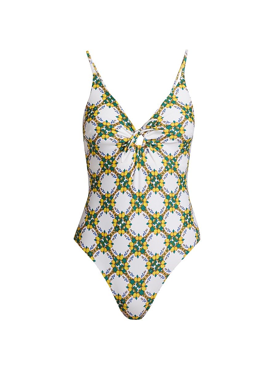 Women's Lemon Tile Ring One-Piece Swimsuit - White Multi - Size Large