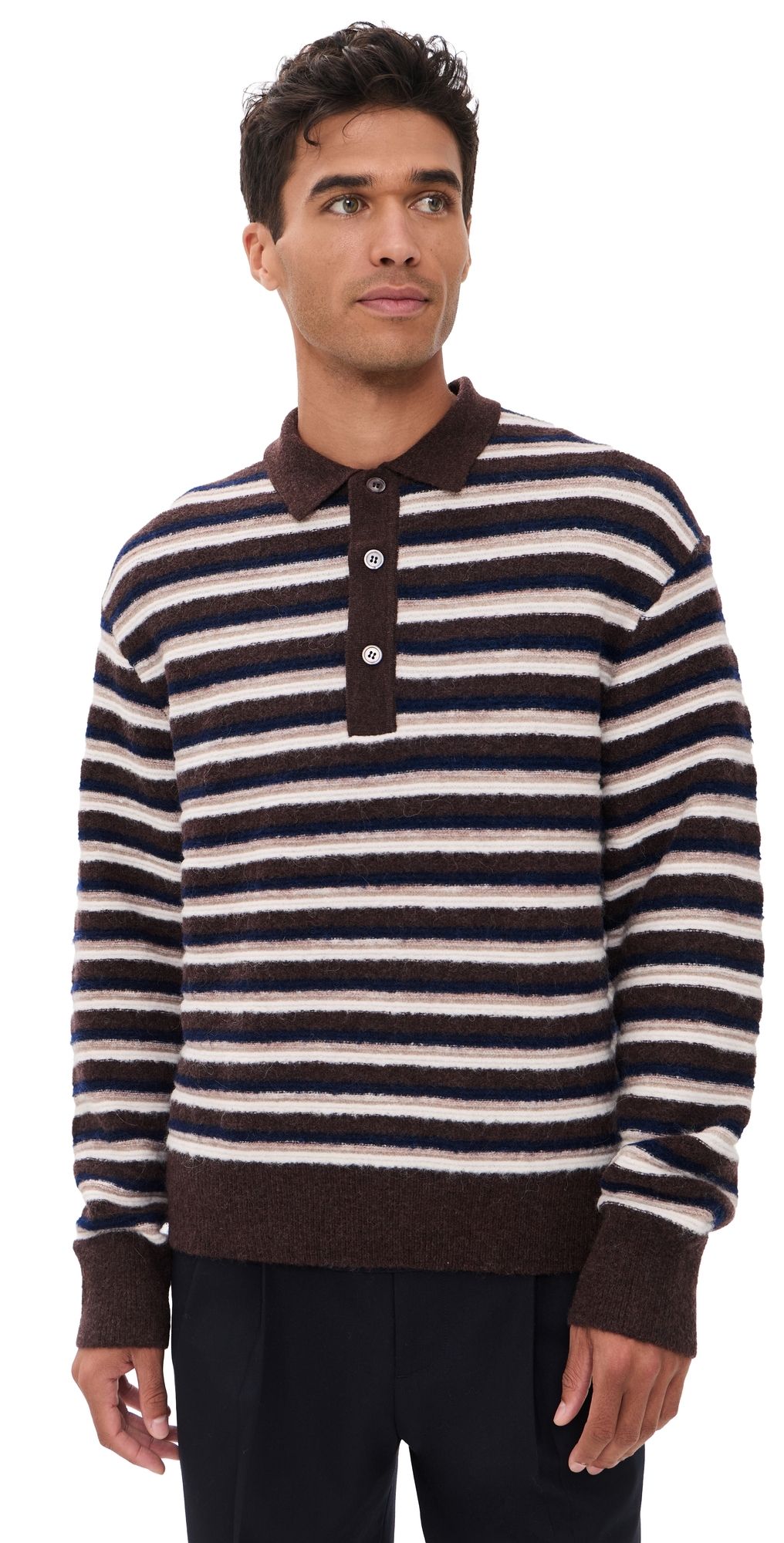 Officine Generale Patchi Rugby Polo Sweater Cream/Navy/Coffee M