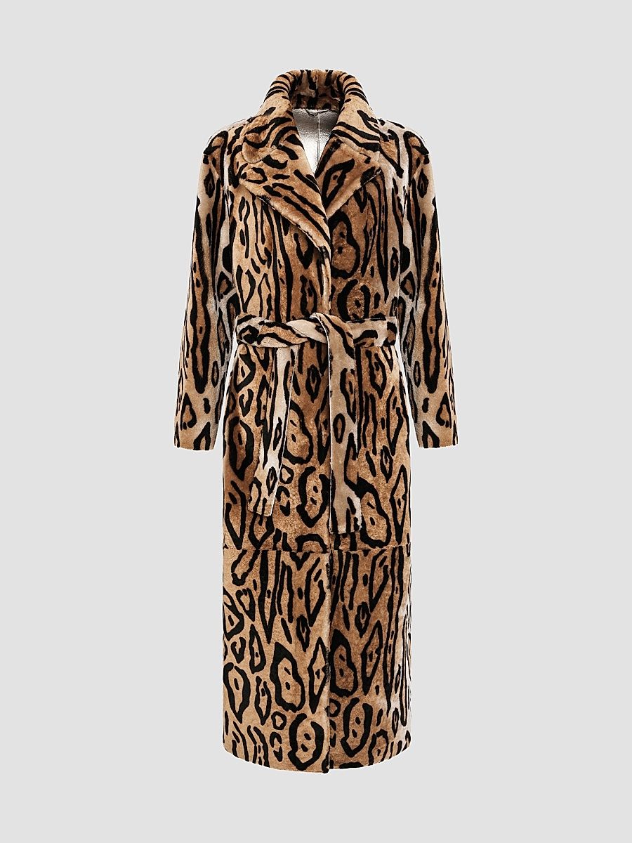 Gorski Women's Reversible Select Shearling Lamb Coat with Belt - Ocelo Print Gold - Size Large