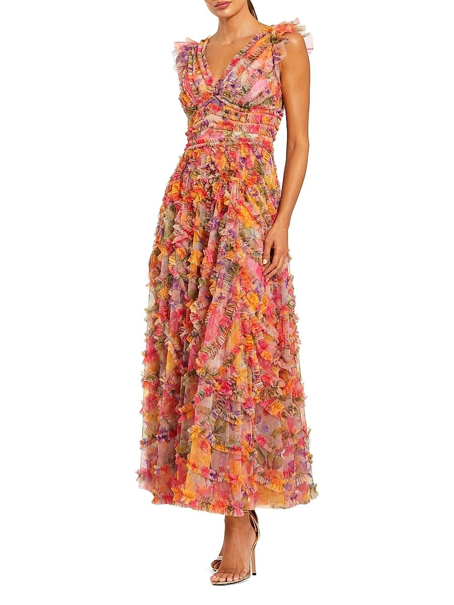 Women's Floral Mesh Ruffled V-Neck Maxi Dress - Size 16